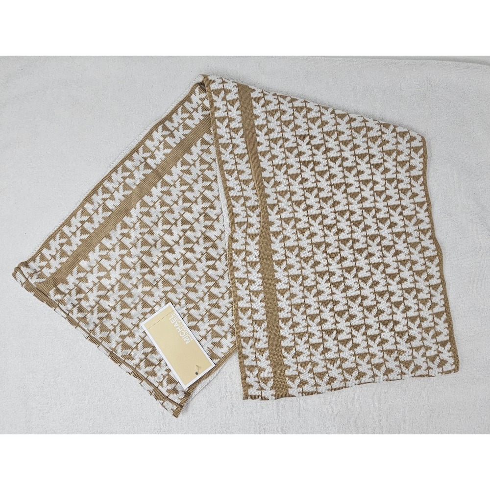 Michael Kors Women's MK Logo Infinity Scarf, 10"x30", Acrylic, Tan/White, NWT